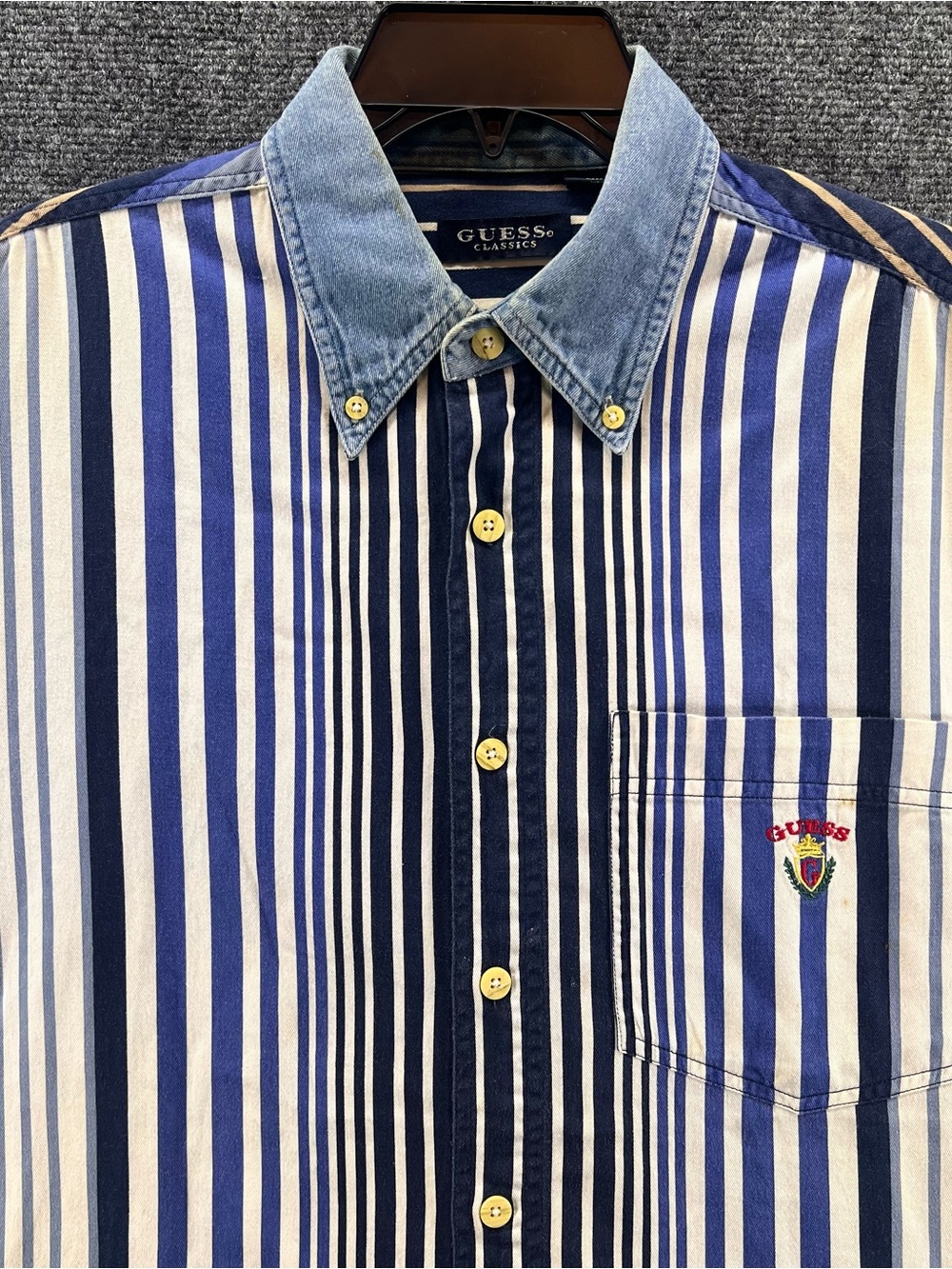 Vintage GUESS Classics Striped Button Down Shirt Sz M Denim Collar S/S 90s Retro